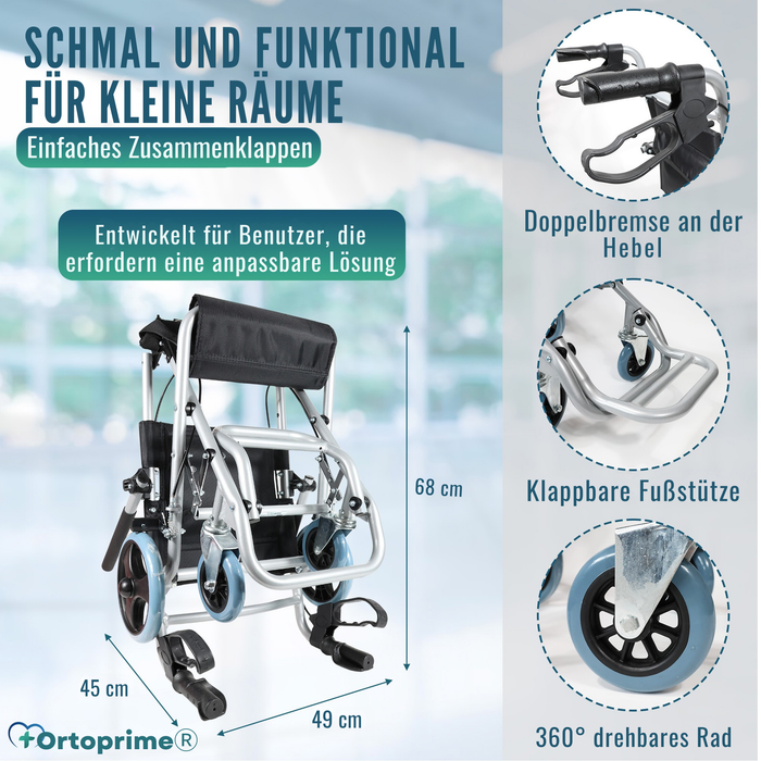 Schmaler Transportrollstuhl Klappbar Aluminium | Handbremsen