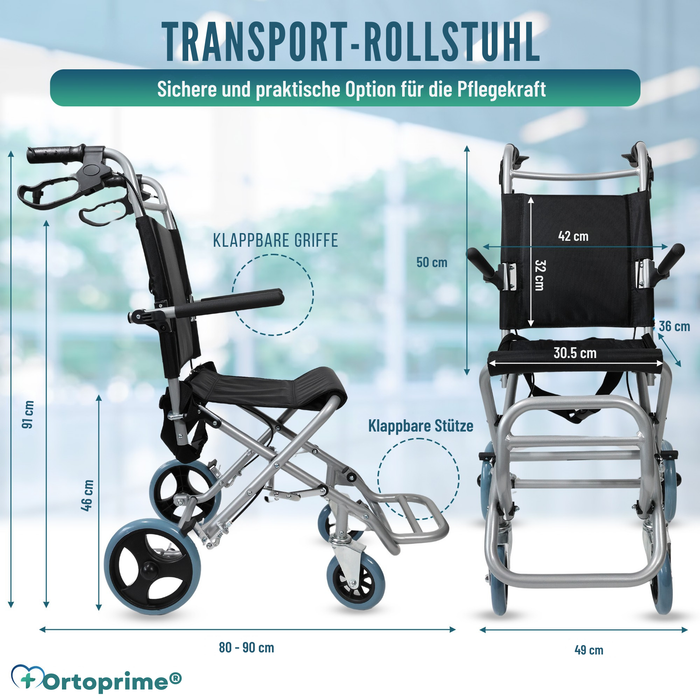 Schmaler Transportrollstuhl Klappbar Aluminium | Handbremsen