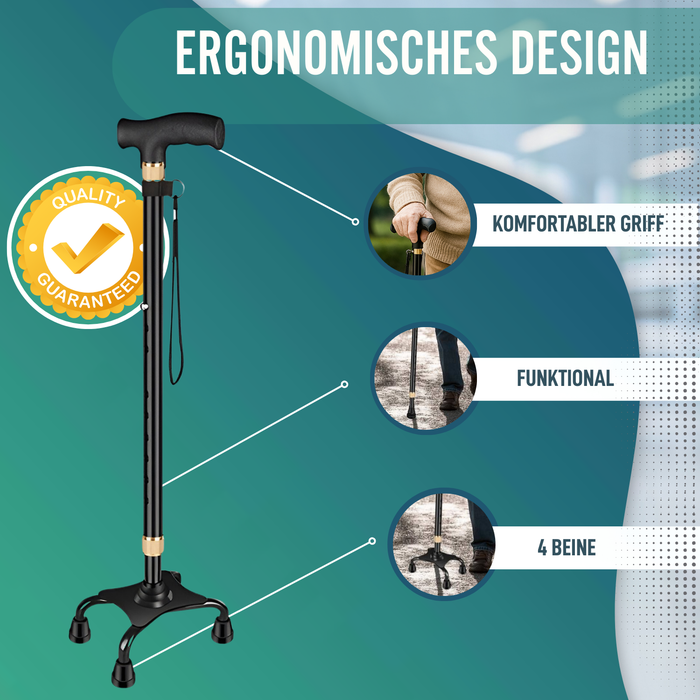 Verstellbarer 4-Bein Gehstock | Mit Umwandelbarem Fuß