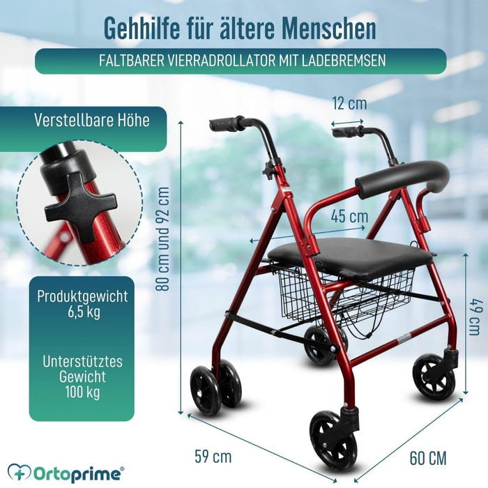 Rollator aus Aluminium mit Lastbremse und Gepolsterter Sitzfläche