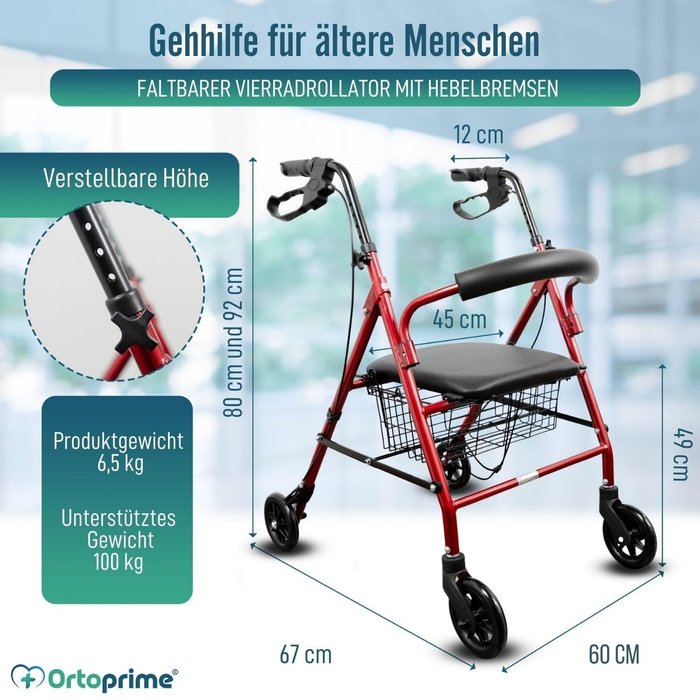 Rollator aus Aluminium mit Bremsen und Gepolsterter Sitzfläche