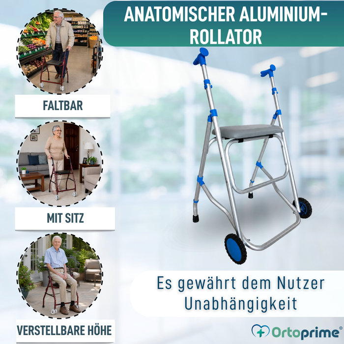 Gehbarer Rollator aus Aluminium | Gepolsterter Sitz