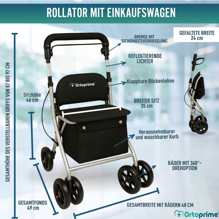 Faltbarer Rollator für Erwachsene mit Einkaufskorb