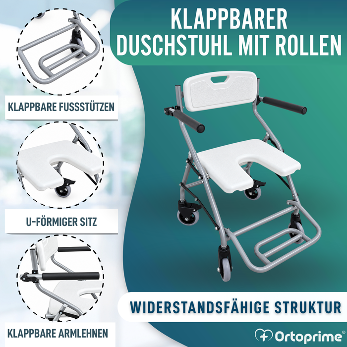 Faltstuhl mit Rädern für Dusche und Bad | Hygienischer U-Sitz