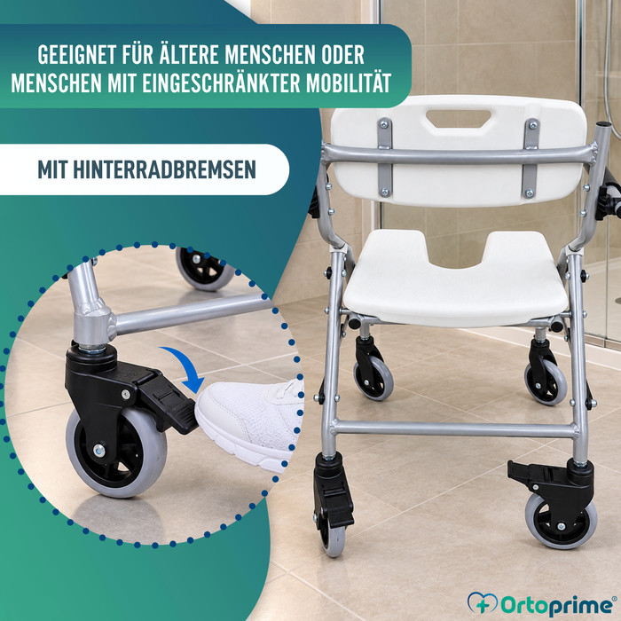 Faltstuhl mit Rädern für Dusche und Bad | Hygienischer U-Sitz