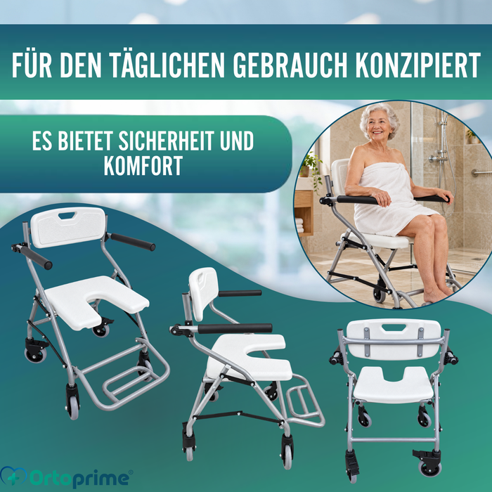 Faltstuhl mit Rädern für Dusche und Bad | Hygienischer U-Sitz