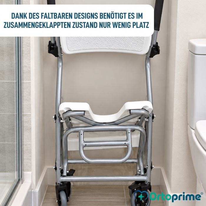 Faltstuhl mit Rädern für Dusche und Bad | Hygienischer U-Sitz