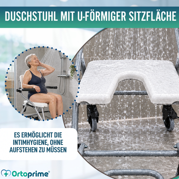 Faltstuhl mit Rädern für Dusche und Bad | Hygienischer U-Sitz