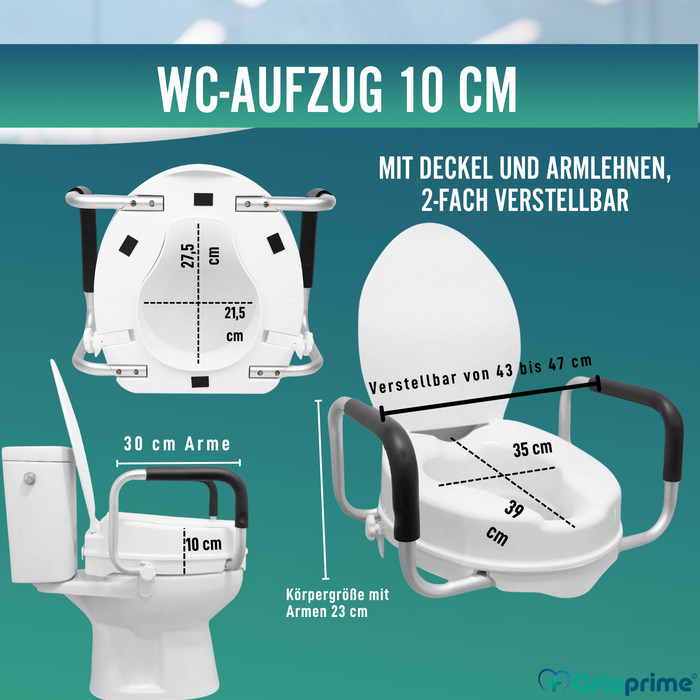 WC-Erhöher 10cm mit Deckel und Armen | Universeller WC-Lift