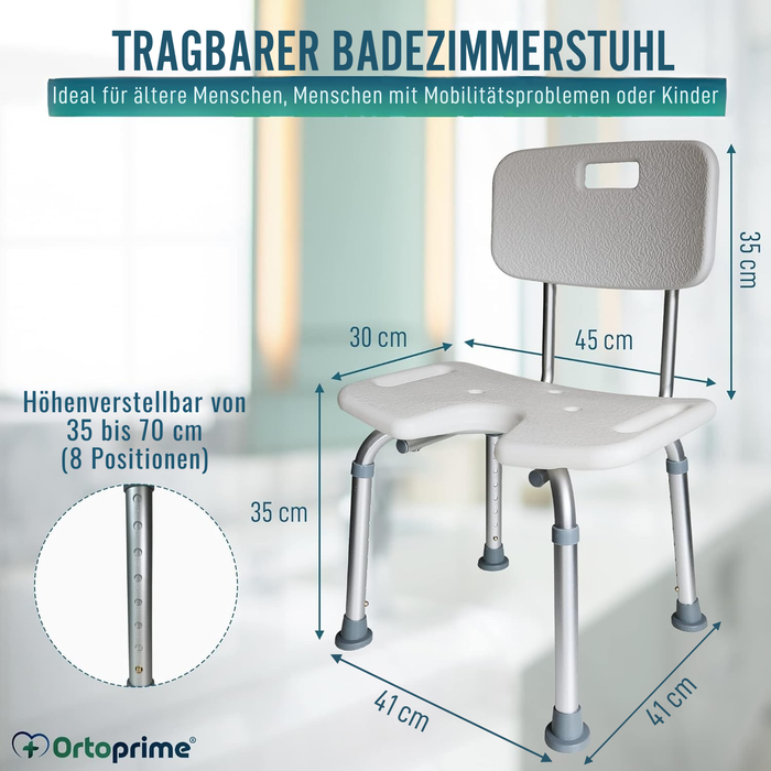 Höhenverstellbarer Duschstuhl für Senioren mit U-förmiger Sitzfläche