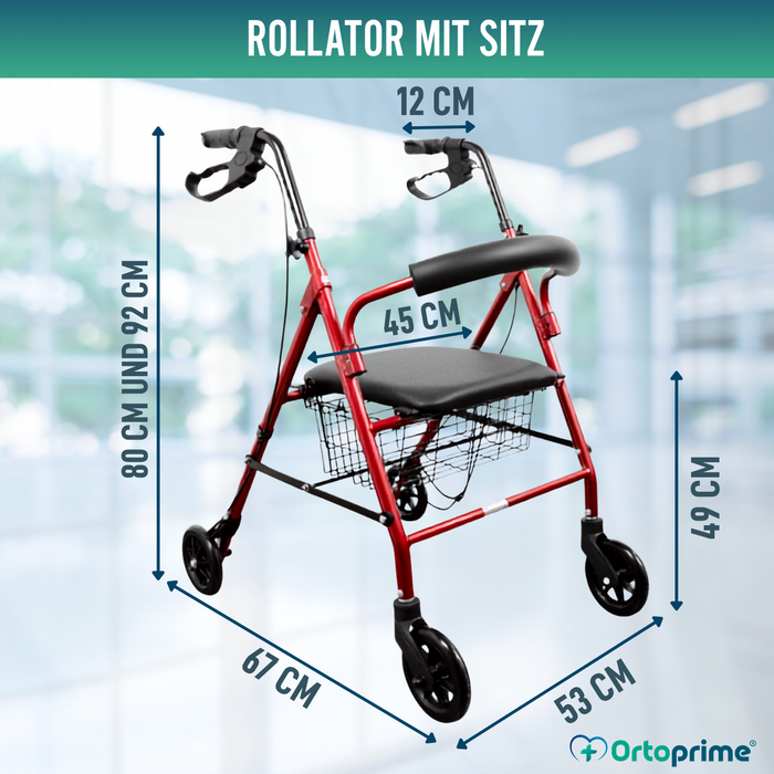 Rollator aus Aluminium mit Bremsen und Gepolsterter Sitzfläche