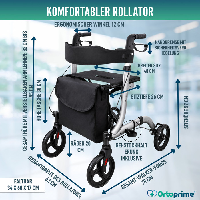 Rollator für Senioren aus Aluminium mit 4 Rädern Faltbar mit Sitz und Bremsen