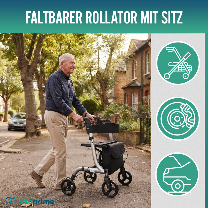 Rollator für Senioren aus Aluminium mit 4 Rädern Faltbar mit Sitz und Bremsen