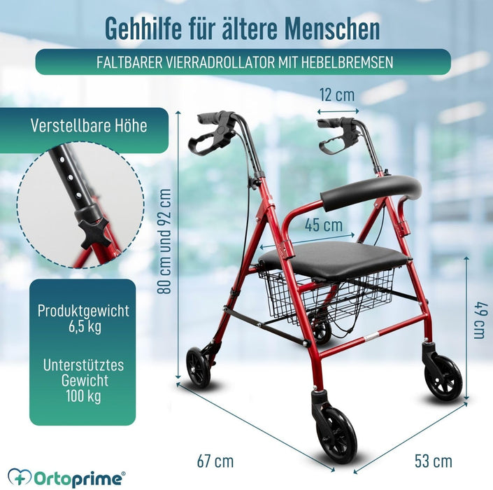 Rollator aus Aluminium mit Bremsen und Gepolsterter Sitzfläche