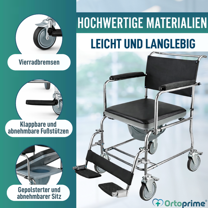 Dusch-WC-Stuhl mit Rollen und Bremse | Gepolstert
