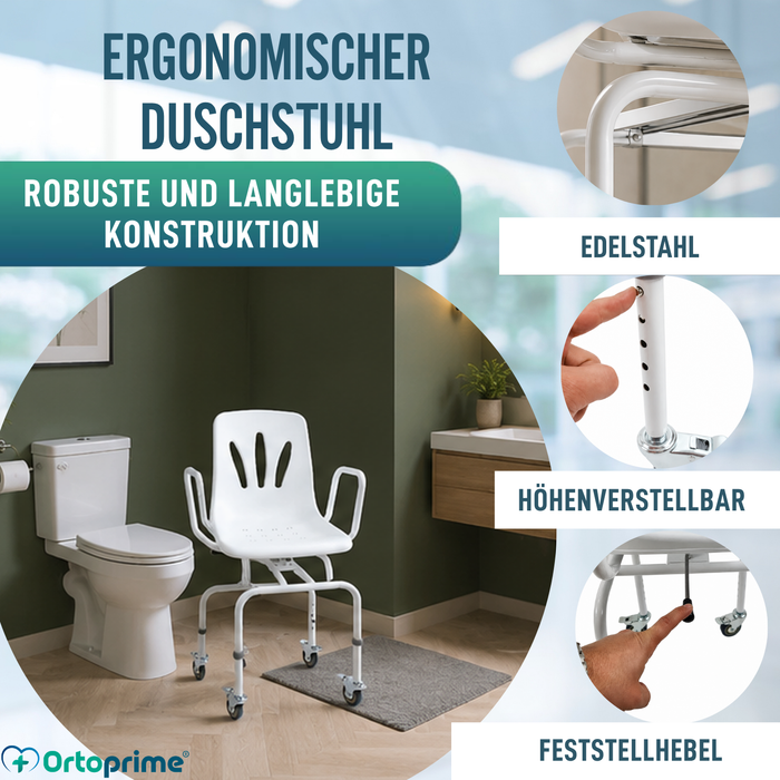 Drehbarer Duschstuhl mit Rädern | Badezimmerstuhl für Erwachsene