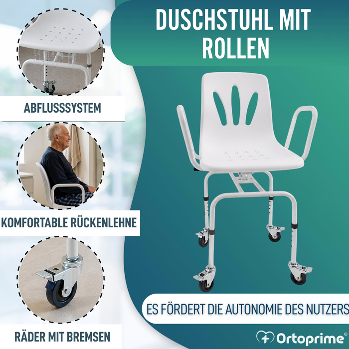 Drehbarer Duschstuhl mit Rädern | Badezimmerstuhl für Erwachsene