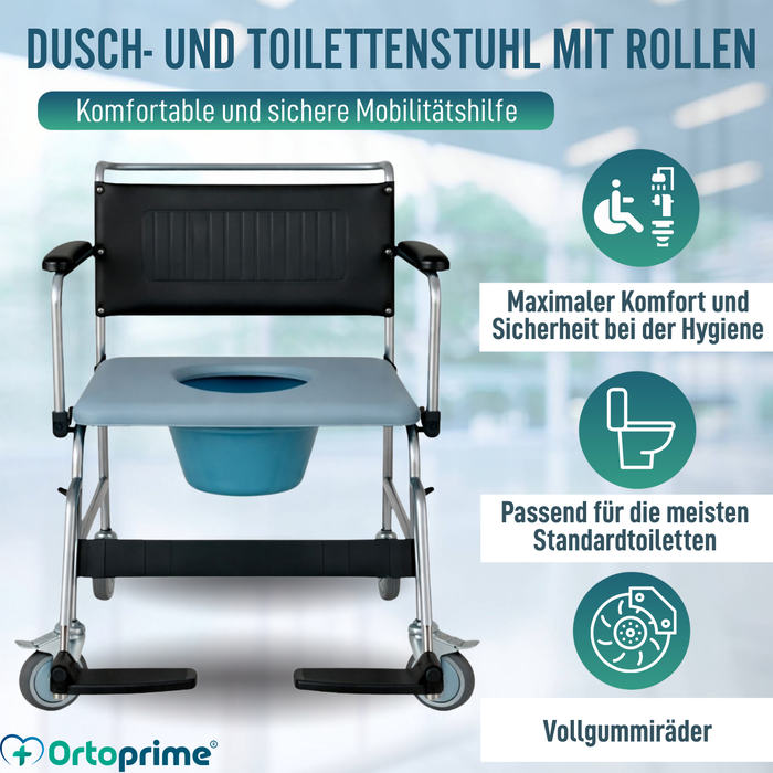 Dusch-WC-Stuhl mit Rollen und Bremse | Gepolstert