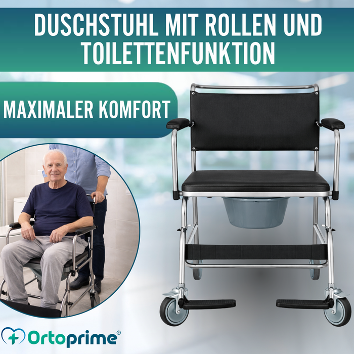 Dusch-WC-Stuhl mit Rollen und Bremse | Gepolstert