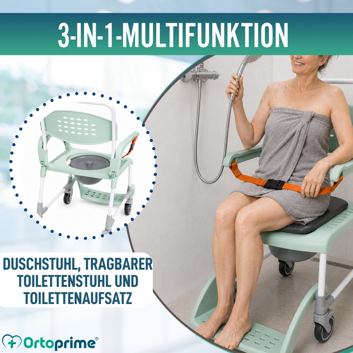 Dusch-Toilettenstuhl mit Rollen 3 in 1 | Sitz mit Ablauf