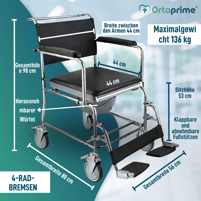 Dusch-WC-Stuhl mit Rollen und Bremse | Gepolstert