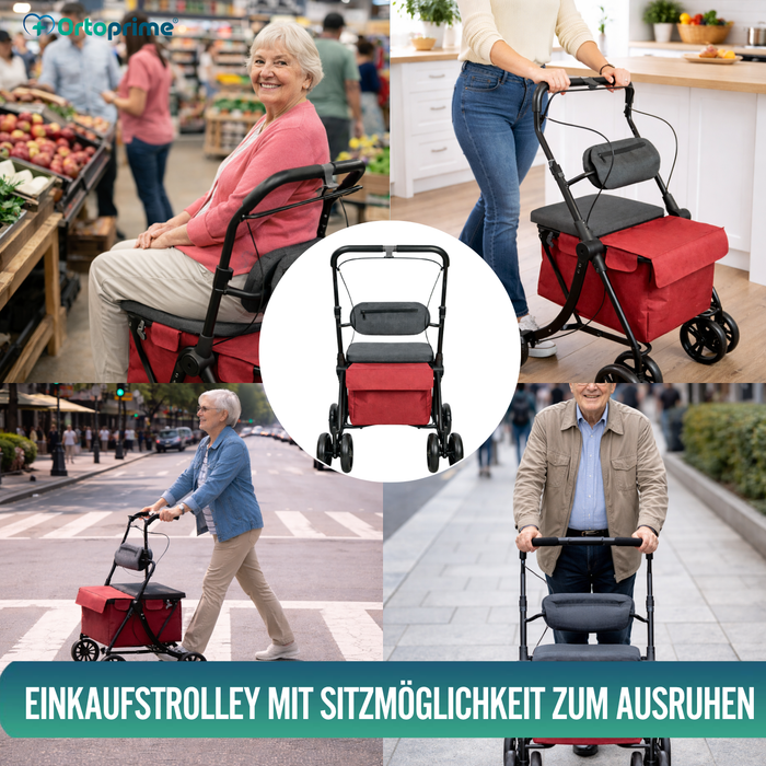 Rollator mit Einkaufstrolley | Integrierter Sitz