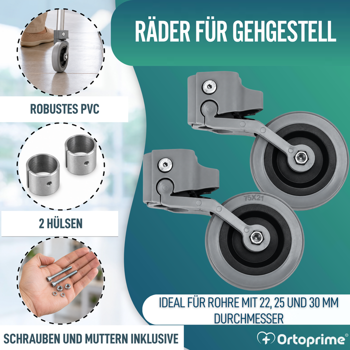Kit x2 Räder für Gehhilfen und Gehwagen 22, 25 und 30 mm