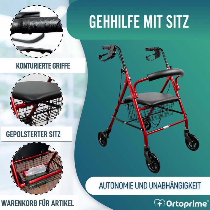 Rollator aus Aluminium mit Bremsen und Gepolsterter Sitzfläche