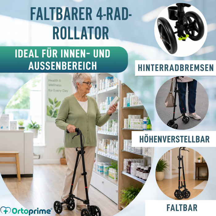 4-Rad-Gehstock mit Hinterradbremse | Höhenverstellbar