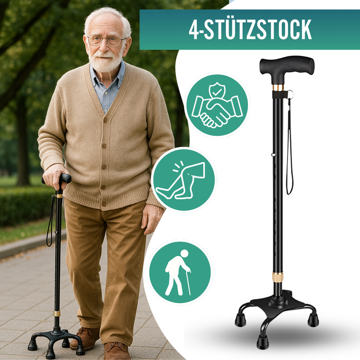 Verstellbarer 4-Bein Gehstock | Mit Umwandelbarem Fuß