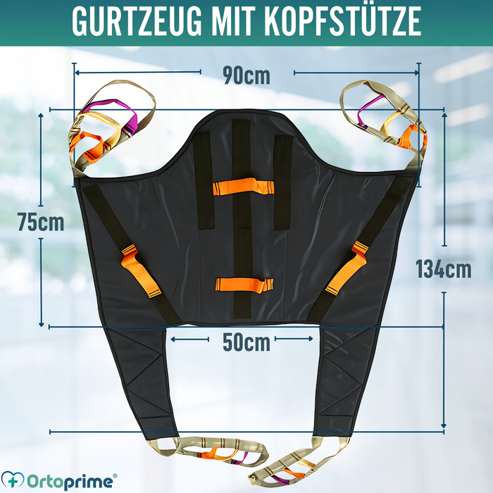 Orthopädisches Gurtzeug mit Kopfstütze für Transferkran