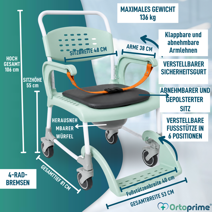 Dusch-Toilettenstuhl mit Rollen 3 in 1 | Sitz mit Ablauf