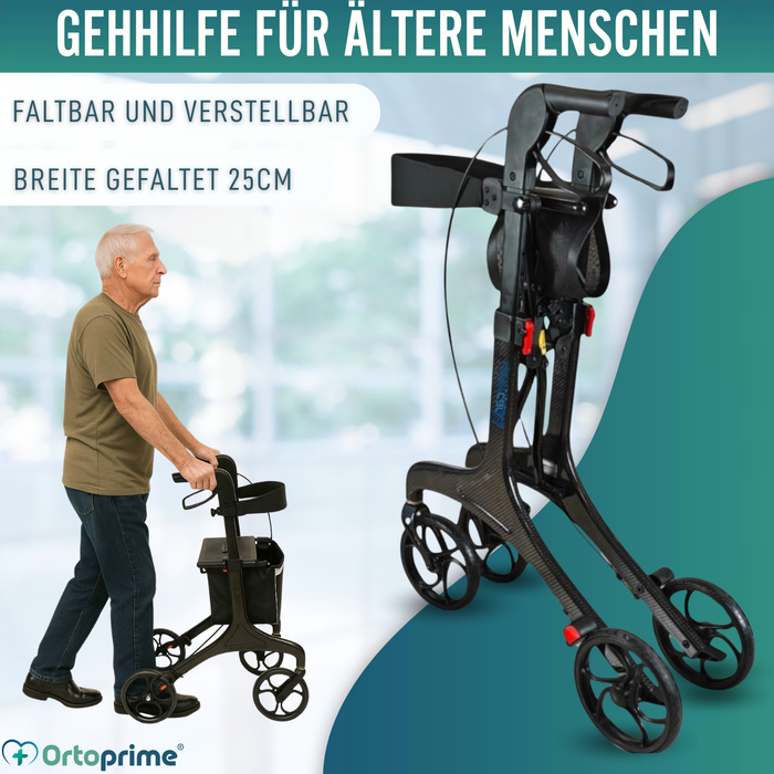 Faltbarer Rollator für Erwachsene mit Sitz | Karbonfaser