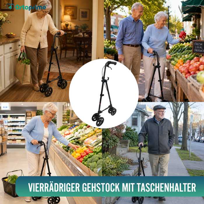 4-Rad-Gehstock mit Hinterradbremse | Höhenverstellbar