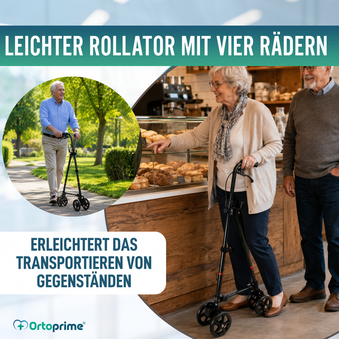 4-Rad-Gehstock mit Hinterradbremse | Höhenverstellbar