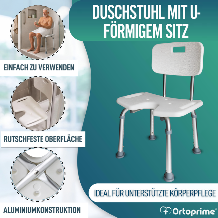 Höhenverstellbarer Duschstuhl für Senioren mit U-förmiger Sitzfläche