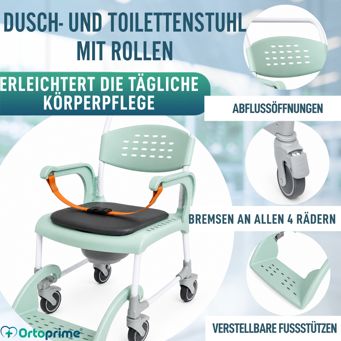 Dusch-Toilettenstuhl mit Rollen 3 in 1 | Sitz mit Ablauf