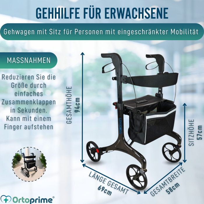 Faltbarer Rollator für Erwachsene mit Sitz | Karbonfaser