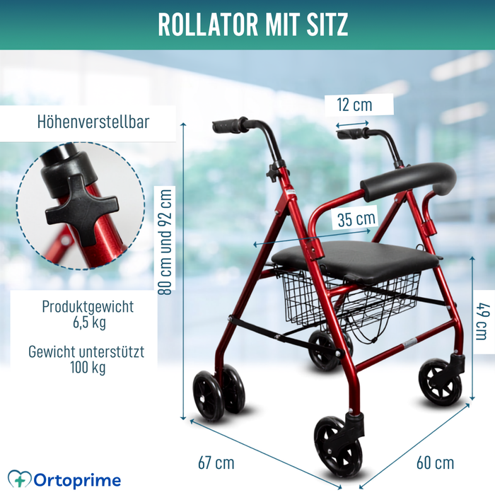 Rollator aus Aluminium mit Lastbremse und Gepolsterter Sitzfläche