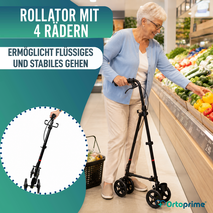 4-Rad-Gehstock mit Hinterradbremse | Höhenverstellbar