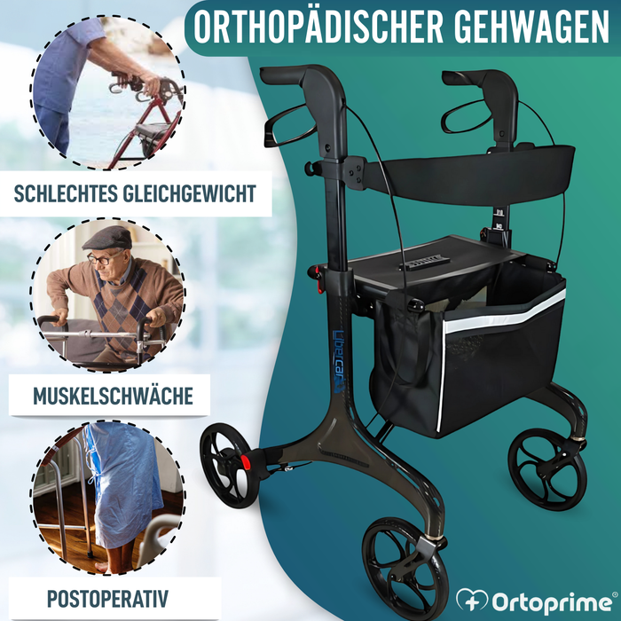 Faltbarer Rollator für Erwachsene mit Sitz | Karbonfaser