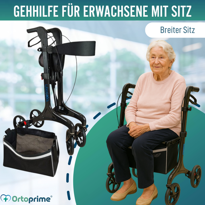 Faltbarer Rollator für Erwachsene mit Sitz | Karbonfaser