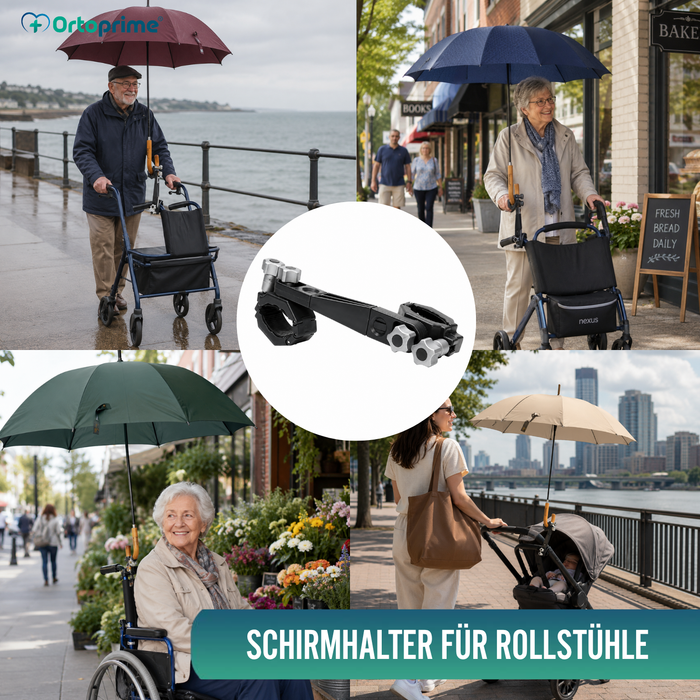 Universeller Regenschirmhalter für Rollstühle und Rollatoren