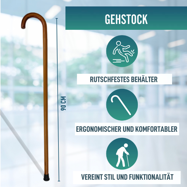 Orthopädischer Gehstock für Senioren aus Holz Glatt | Gebogener Griff