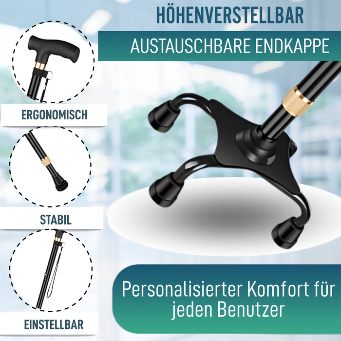 Verstellbarer 4-Bein Gehstock | Mit Umwandelbarem Fuß
