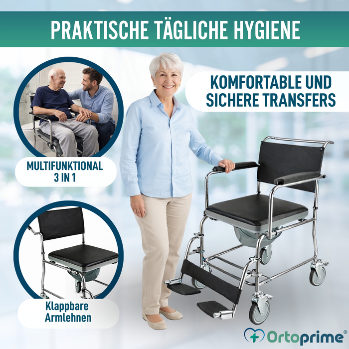 Dusch-WC-Stuhl mit Rollen und Bremse | Gepolstert