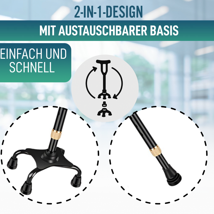 Verstellbarer 4-Bein Gehstock | Mit Umwandelbarem Fuß