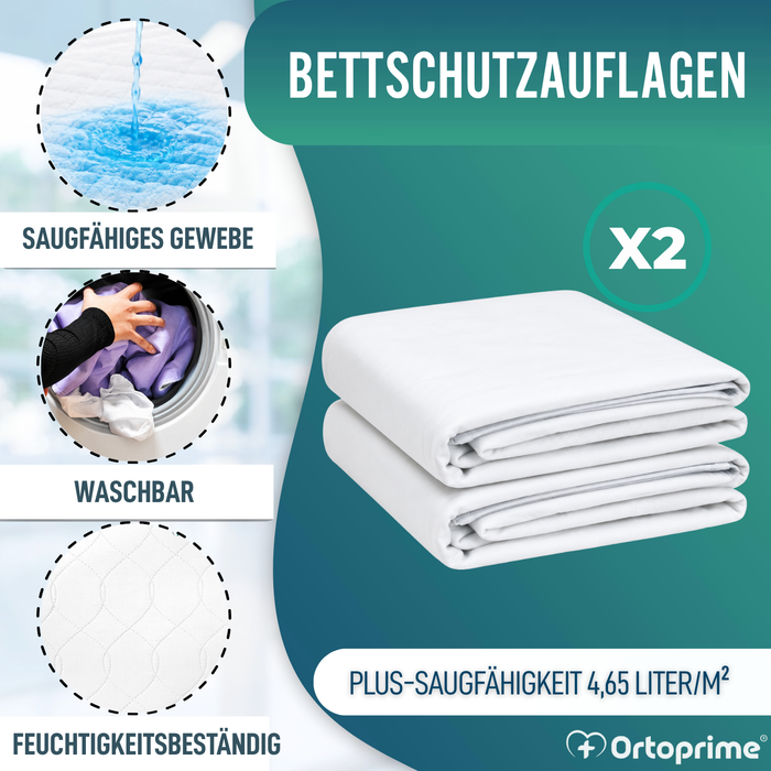 PACK 2 Waschbare, Saugfähige Bettunterlagen, 90cm breit, Plus 4,65 Liter/m2